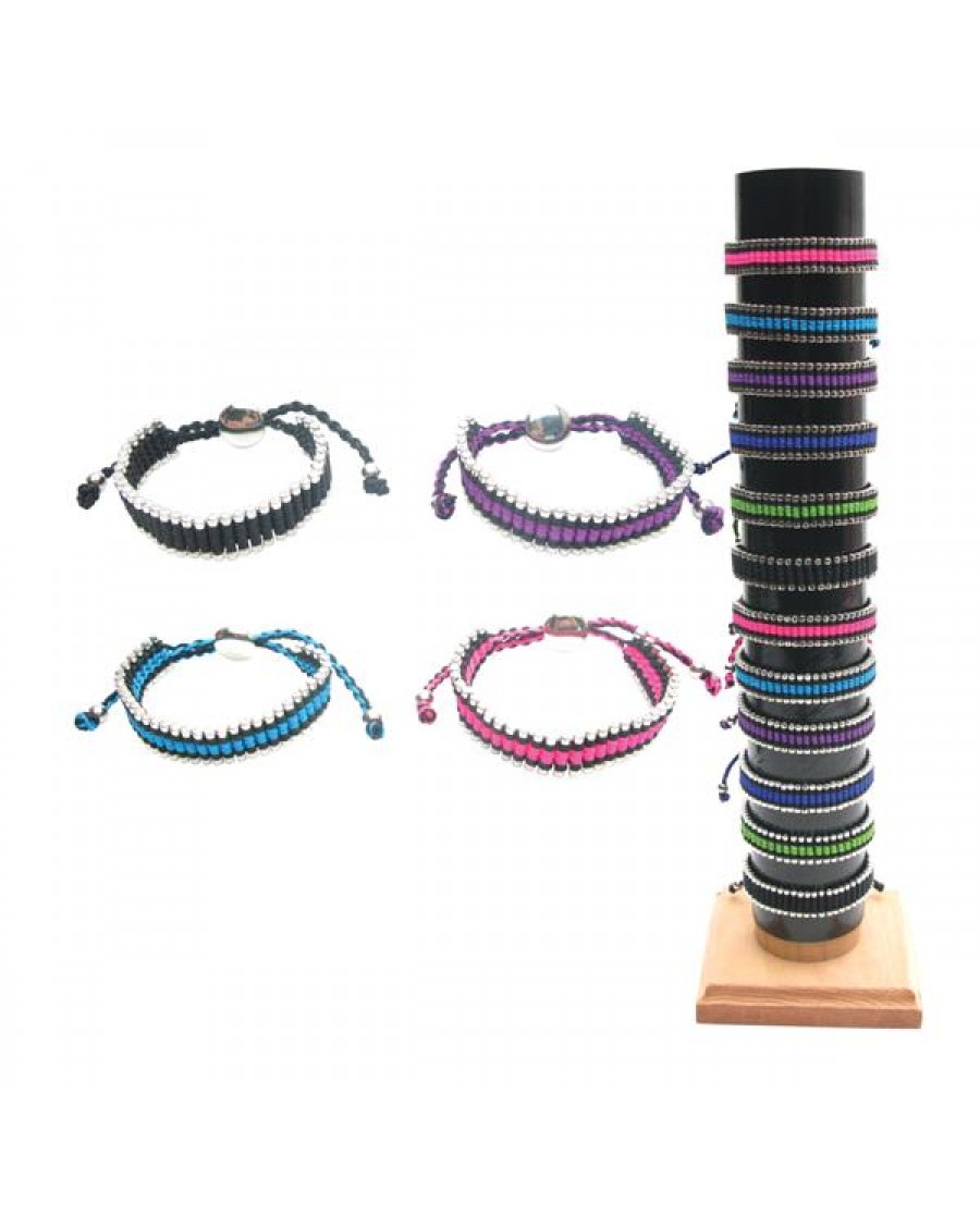 24pc Color Cord & Silver Bead Adjustable Bracelets 